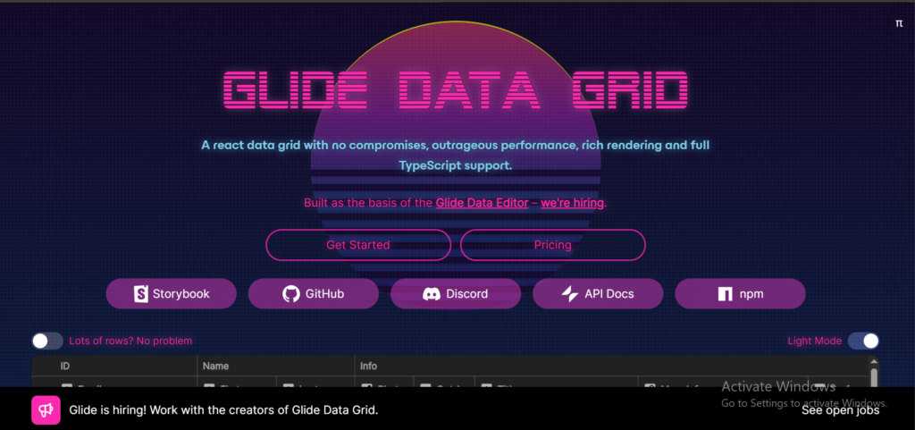 Glide Data Grid Retro neon Glide Data Grid homepage hero with bold pink logo, blue tagline, and rounded pink action buttons (Get Started, Pricing) plus row of platform icons (Storybook, GitHub, Discord, API Docs, npm).