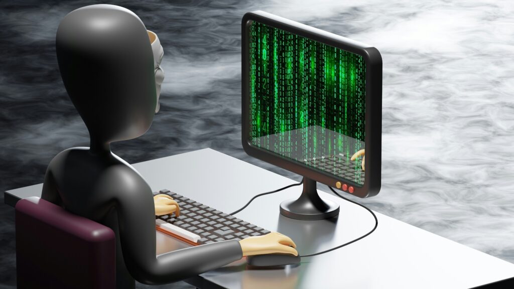 Conceptual image of data poisoning in machine learning A 3D humanoid figure sits at a desk, typing on a keyboard as a monitor shows cascading green code like a hacker screen.
