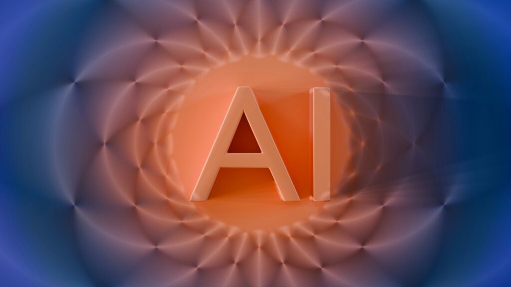 Illustration of AI producing imitated intellectual property Orange 3D letters AI centered on a glowing orange circle with a blue abstract radial background.