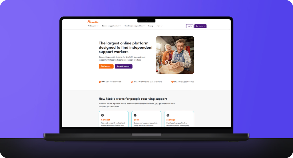 image Laptop showing a white website homepage on a purple background, featuring a hero section about independent support workers and a photo to the right of text.
