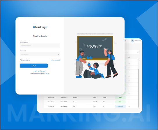 image Login form on a white card with email and password fields on the left, overlapping a classroom illustration of students at a chalkboard on a blue gradient background.