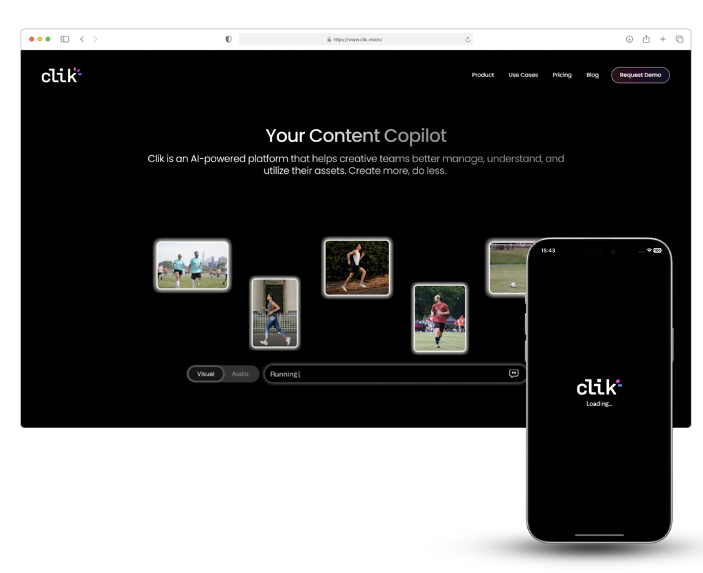 image Hero section for Klik with black background, heading 'Your Content Copilot' and subtitle, plus rounded thumbnails of people along the bottom and Klik logo bottom-right.